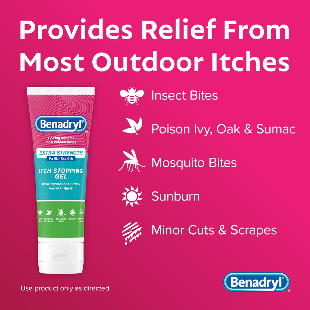 Benadryl Topical Itch Relief Gel, Extra Strength, Contains 2% DIPHENHYDRAMINE HCL, Soothing Relief from SCRAPES, Insect Bites, Sunburn, Poison Ivy and More, Great for Outdoors, 3.5 FL OZ