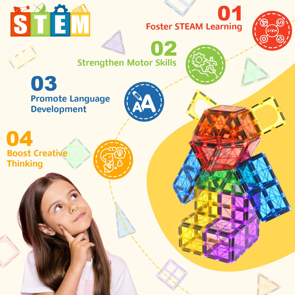 Coodoo 60 PCS Magnetic Building Tiles Kids Toys STEM Magnetic Blocks Sensory Toys Kids Games Magnet Building Toy for Boys and Girls Aged 3+, Kid Brain Development Preschool Kindergarten Toddler Toy