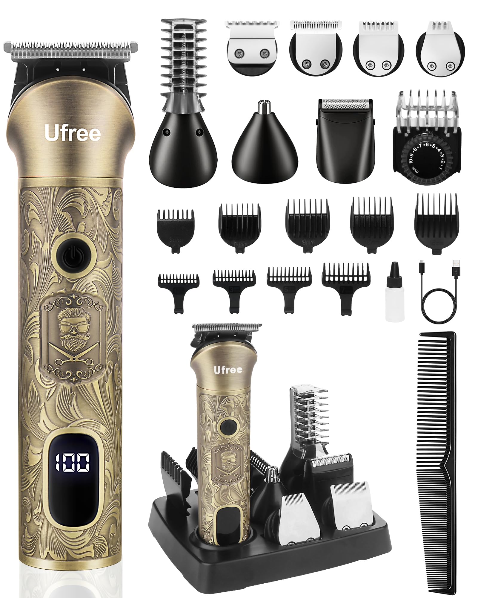 Ufree Beard Trimmer for Men, Electric Razor Shaver, Cordless Hair Clipper Shaving Kit for Mustache Body Nose Ear Hair Facial, Adjustable Beard Grooming Kit Birthday Gifts for Men