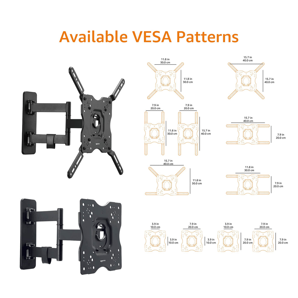 Amazon Basics Full Motion Articulating TV Wall Mount, with Swivel and Tilt, for 26" to 55" TVs and Flat Panels up to 80 Lbs, VESA Compatible, Black