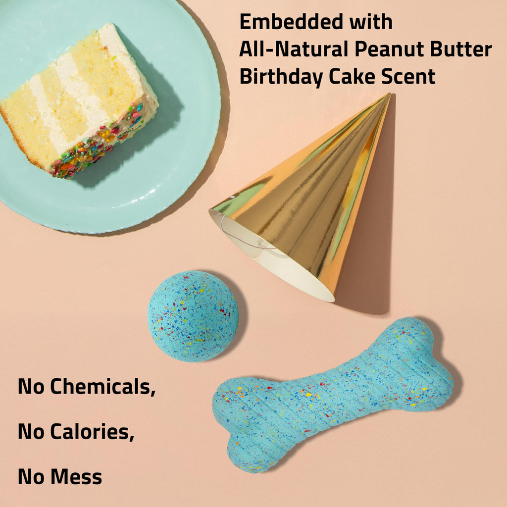 Playology Dog Toys | Birthday Box for Large Dogs | Peanut Butter Birthday Cake Scented Jumbo Gift Bundle | 1 Squeaky Chew Ball, 1 Dual Layer Bone, & 1 Doggy Bday Card
