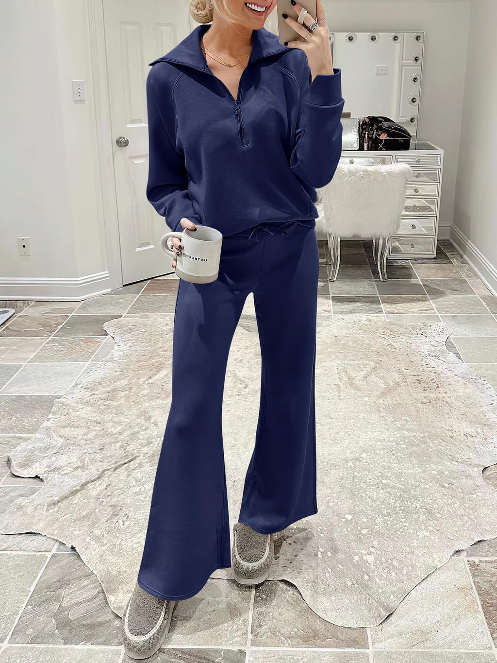 ANRABESS Women 2 Piece Outfits 2025 Fall Fashion Airport Wide Leg Pants Lounge Set Leisure Travel Vacation Clothes Sweatsuits Navy Blue Large