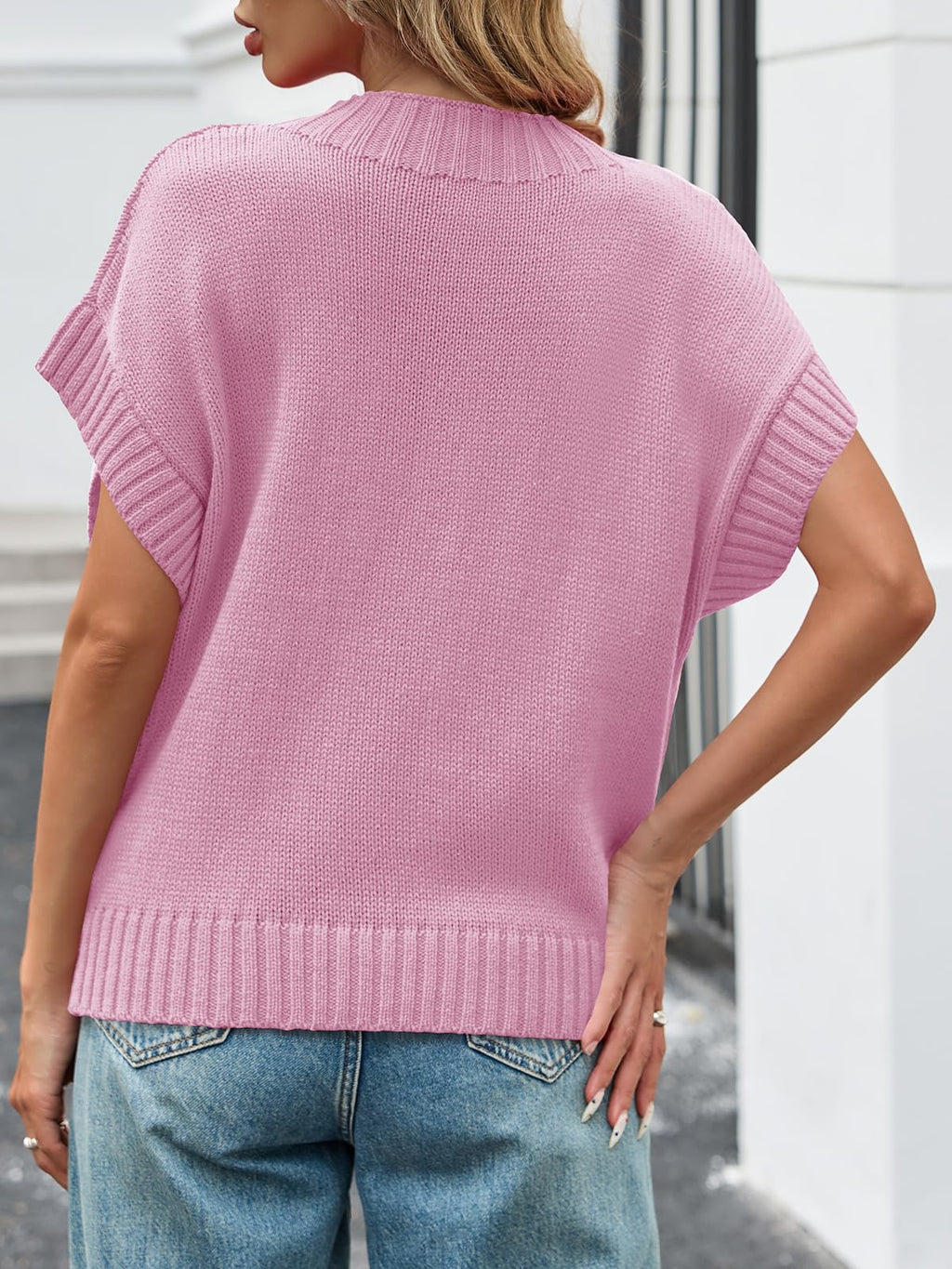 Saodimallsu Womens Cap Sleeve Cropped Sweater Mock Neck Cute Heart Loose Valentine Knit Tank Tops Pink