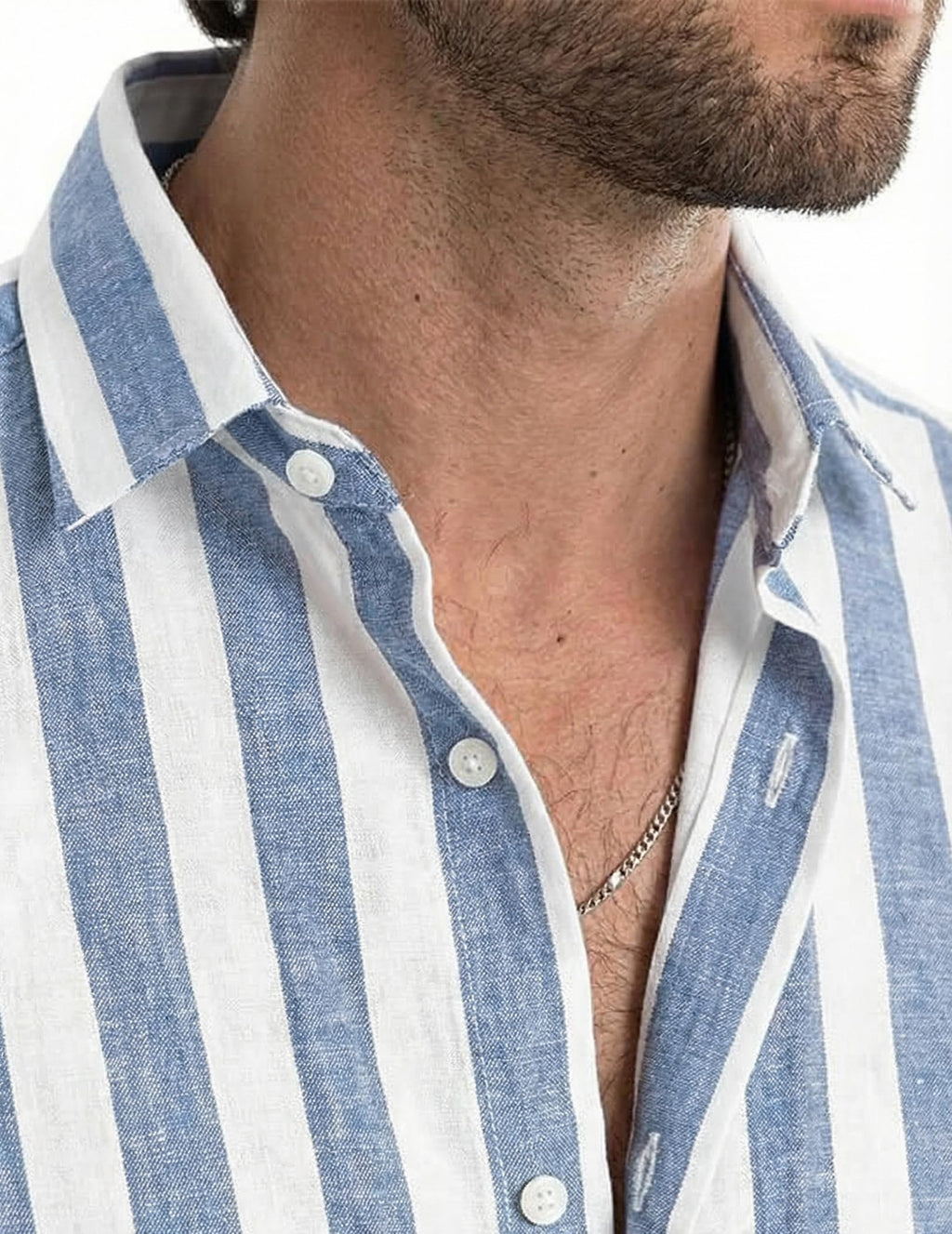 JMIERR Men's Summer Casual Stylish Short Sleeve Button-Down Shirts Cotton Linen Vertical Striped Business Dress Shirts Beach Shirt, L, Sky Blue