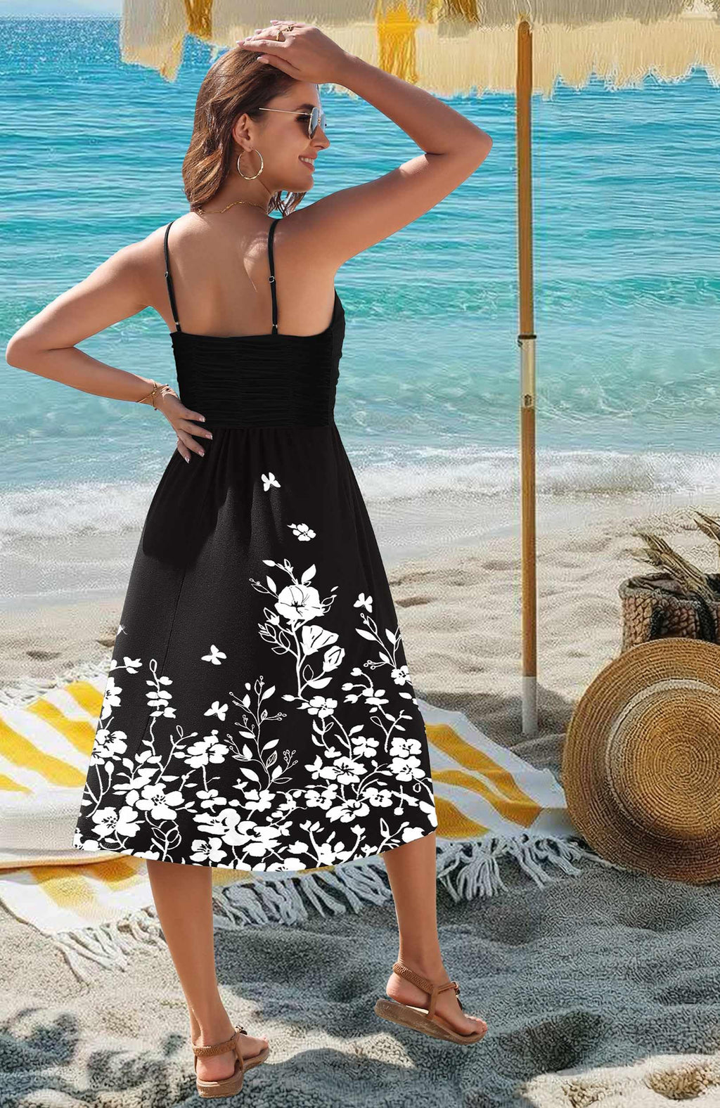 Zeagoo Women's Summer Adjustable Spaghetti Strap Casual Midi Wedding Guest Dress with Pockets Pleated Party Dresses Flowy A Line V Neck Floral Sundress