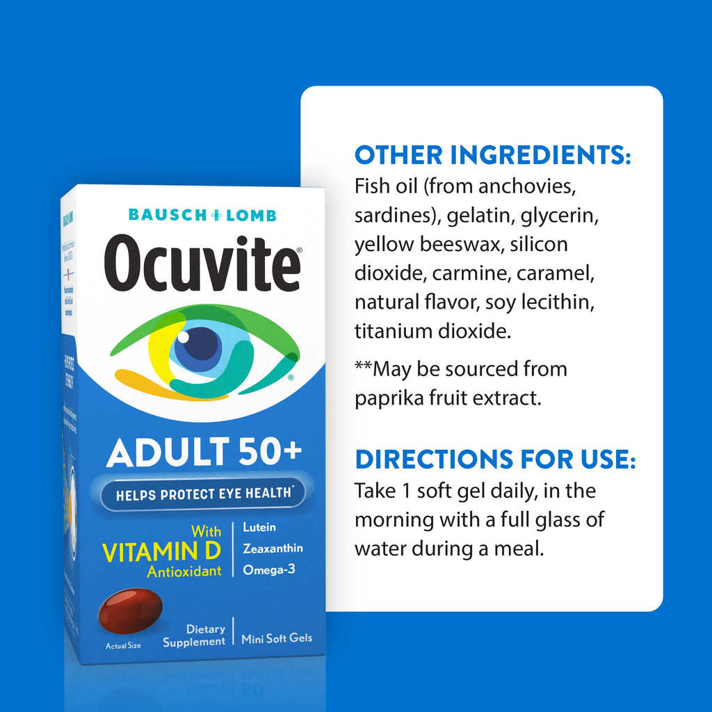 Ocuvite 50+ Eye Vitamin & Mineral Supplement, Multivitamin for Vision & Ocular Health with Omega-3, Zinc, Vitamins C & E, Lutein & Zeaxanthin, Zinc Supplements for Women and Men, 50 Softgels