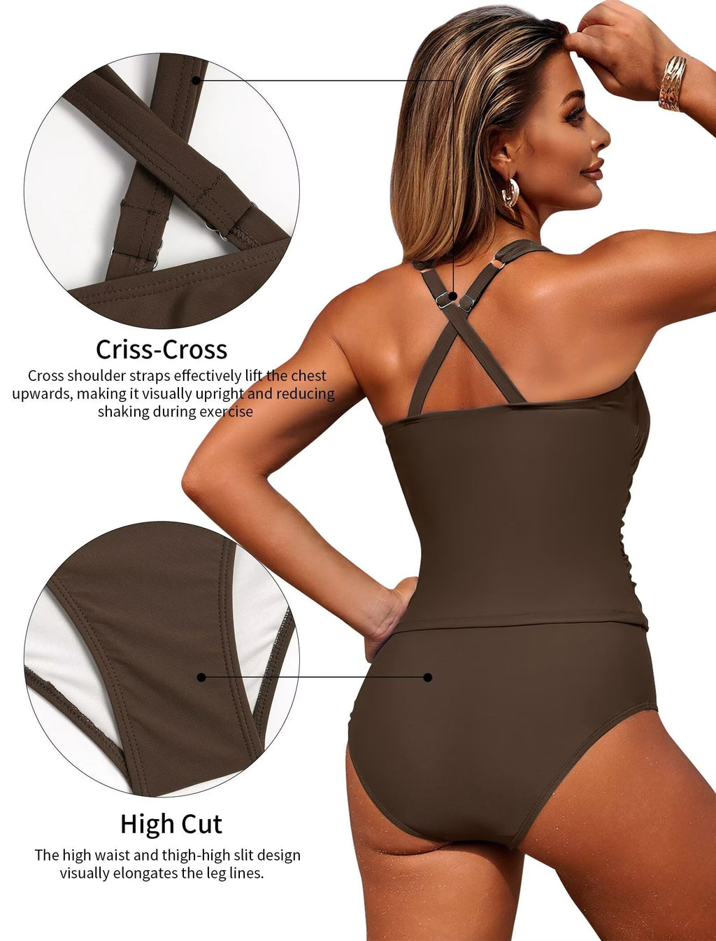 ZAFUL Swim Suit for Women 2026 Two Piece Swimsuit Womens Tankini Bathing Suits Tummy Control High Waist Swimwear for Women Brown S