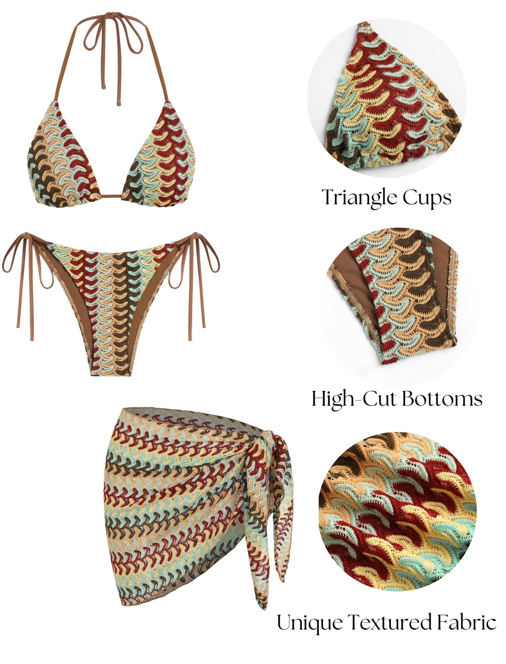 ZAFUL 3 Piece Swimsuits for Women Halter Triangle String Bikini Tie Side Bottoms with Sarong Coverups (1-Coffee, S)
