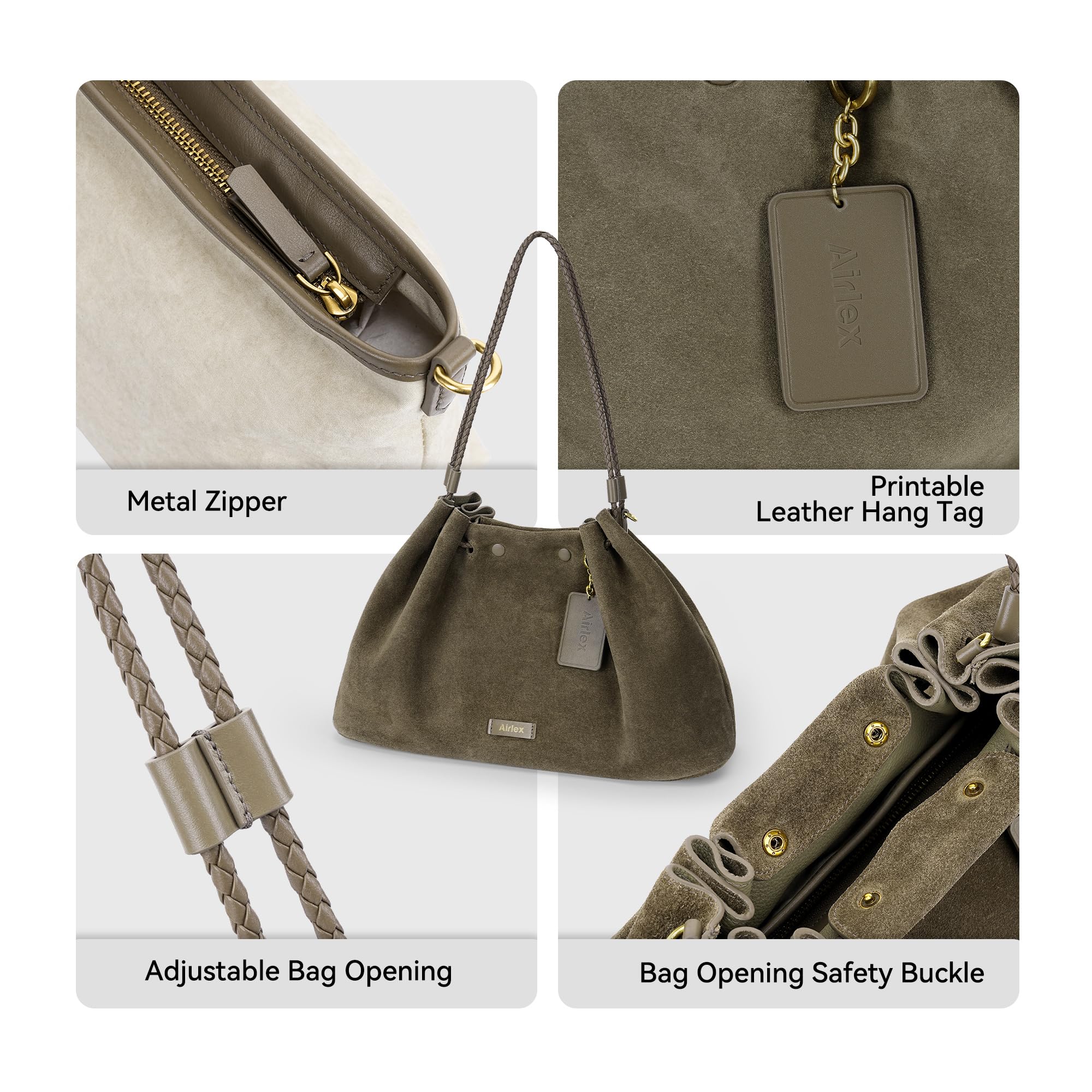 Airlex Hobo Bags for Women Genuine Full Grain Leather Quiet Luxury Crossbody Purse Premium Large Chic Shoulder Handbags with Detachable Inner Pouch Sustainable Ladies Work Travel Bag(Grey)