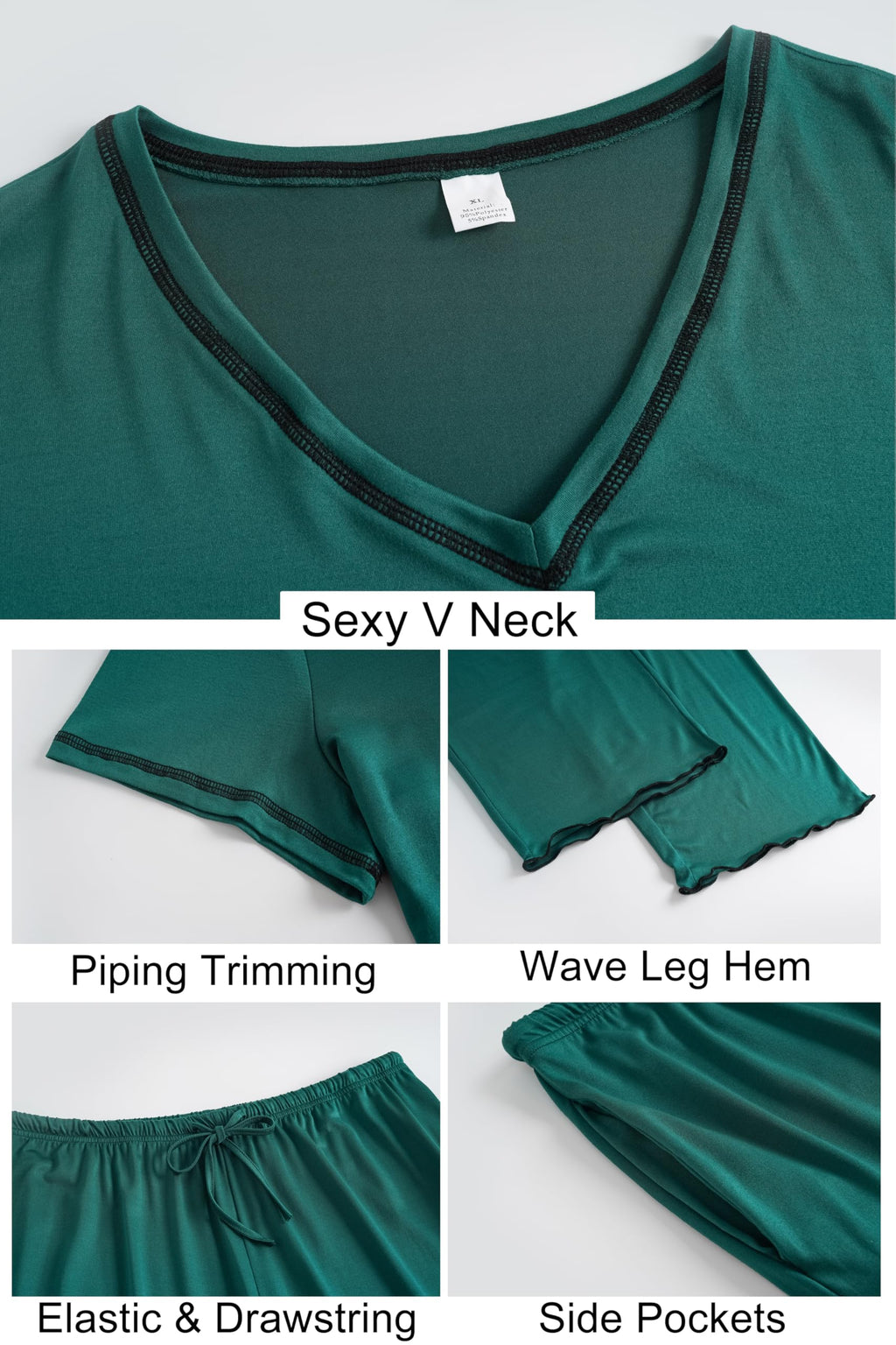Vozanet Women's Plus Size Pajama Sets Short Sleeve Long Pants Solid Color with Piping Trim Elegant Loungewear Cozy Sleepwear with Pockets, Dark Green, XX-Large