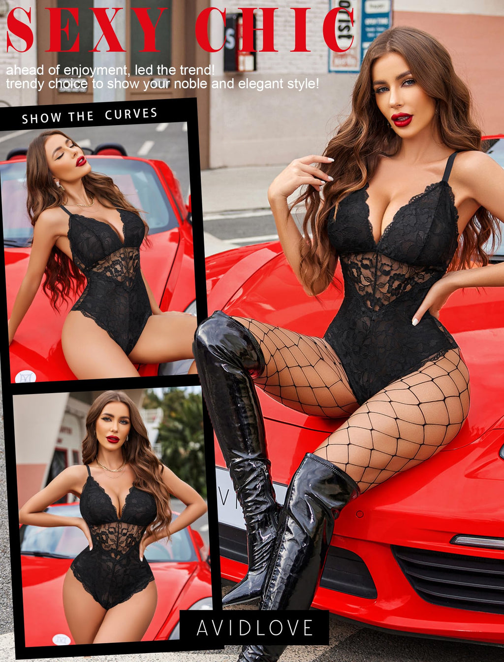 Avidlove Lingerie Deep V Lace Lingerie Bodysuit Women Teddy One Piece Babydoll (Black, M)