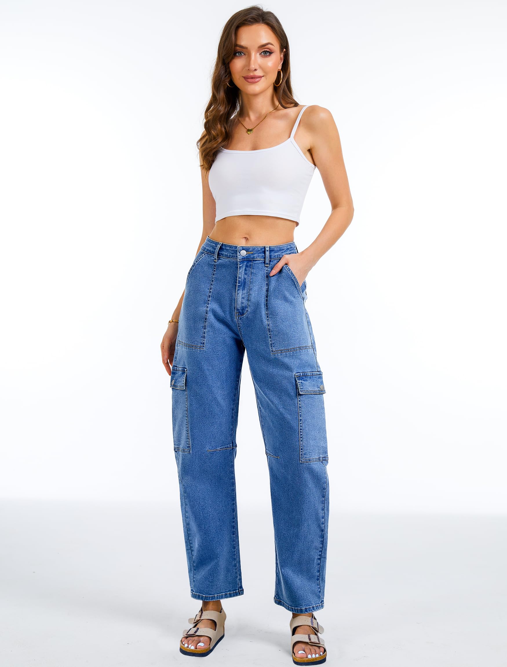 Eddoyee Barrel Jeans Women Cargo Ankle Pants Casual Wide Leg Baggy Denim Pants High Waist Trousers Stretchy with 6 Pockets(Blue Jeans, Large)