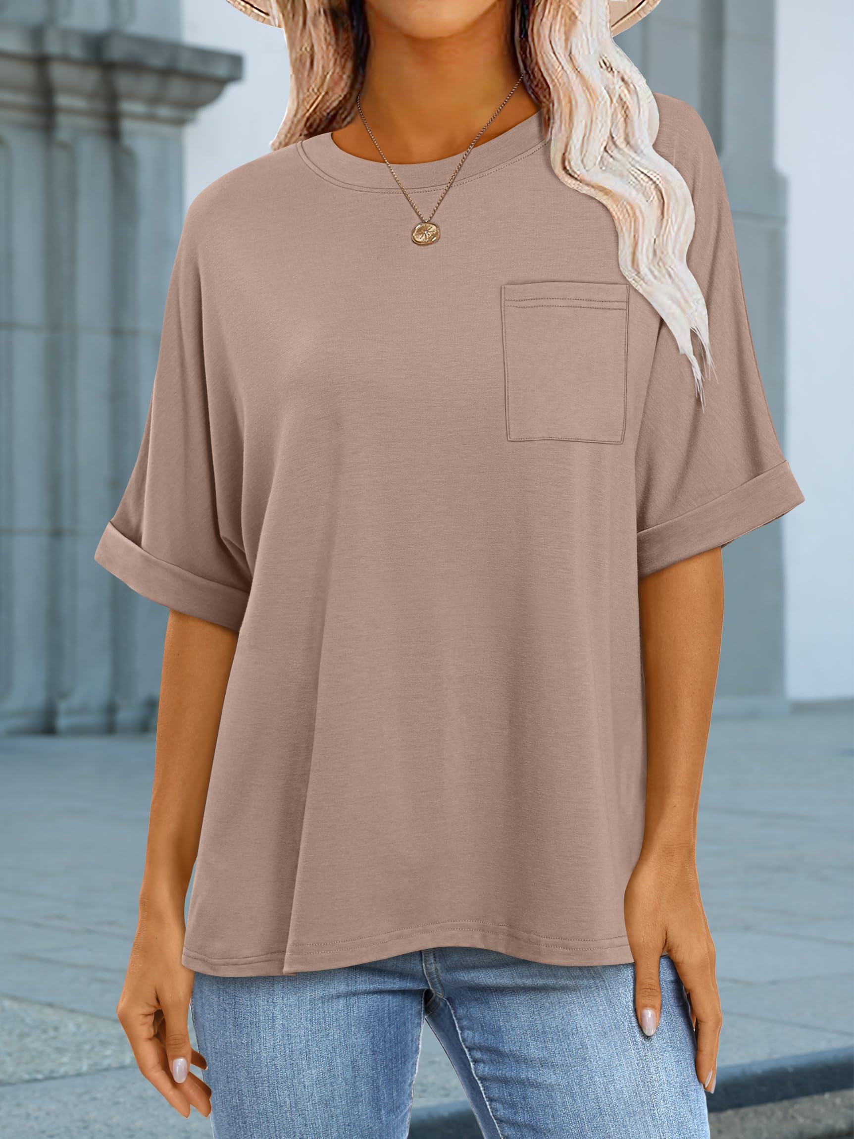 ANRABESS Women Oversized T Shirts Short Sleeve Summer Casual Loose Top Basic Tee with Pocket Khaki X-Large