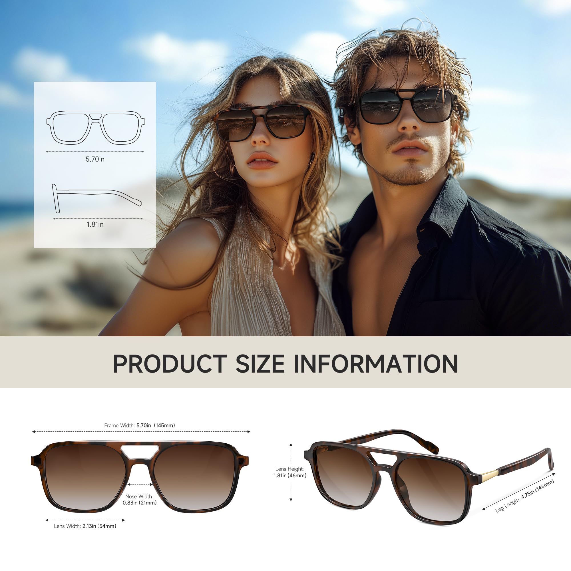 konqkin Retro Aviator Sunglasses for Women Men:Polarized Trendy Vintage 70s Rectangle Mens Womens Shades Sun Glasses UV Protection (Brown+Grey+Tigerspot,54mm)