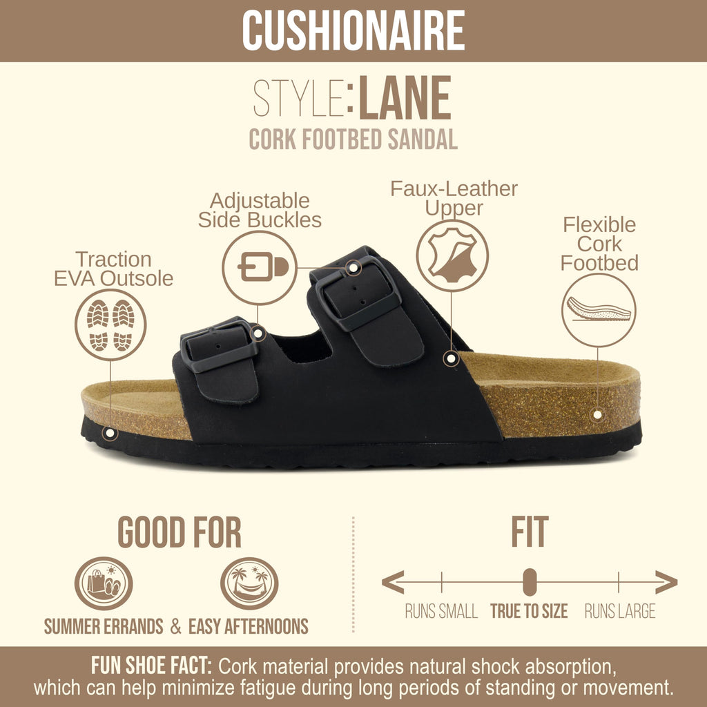 CUSHIONAIRE Lane Cork Footbed Sandals for Women – Comfortable Double Buckle Slip-On with Genuine Suede Footbed & Arch Support Slides for Women Footwear, BLACK 8.5