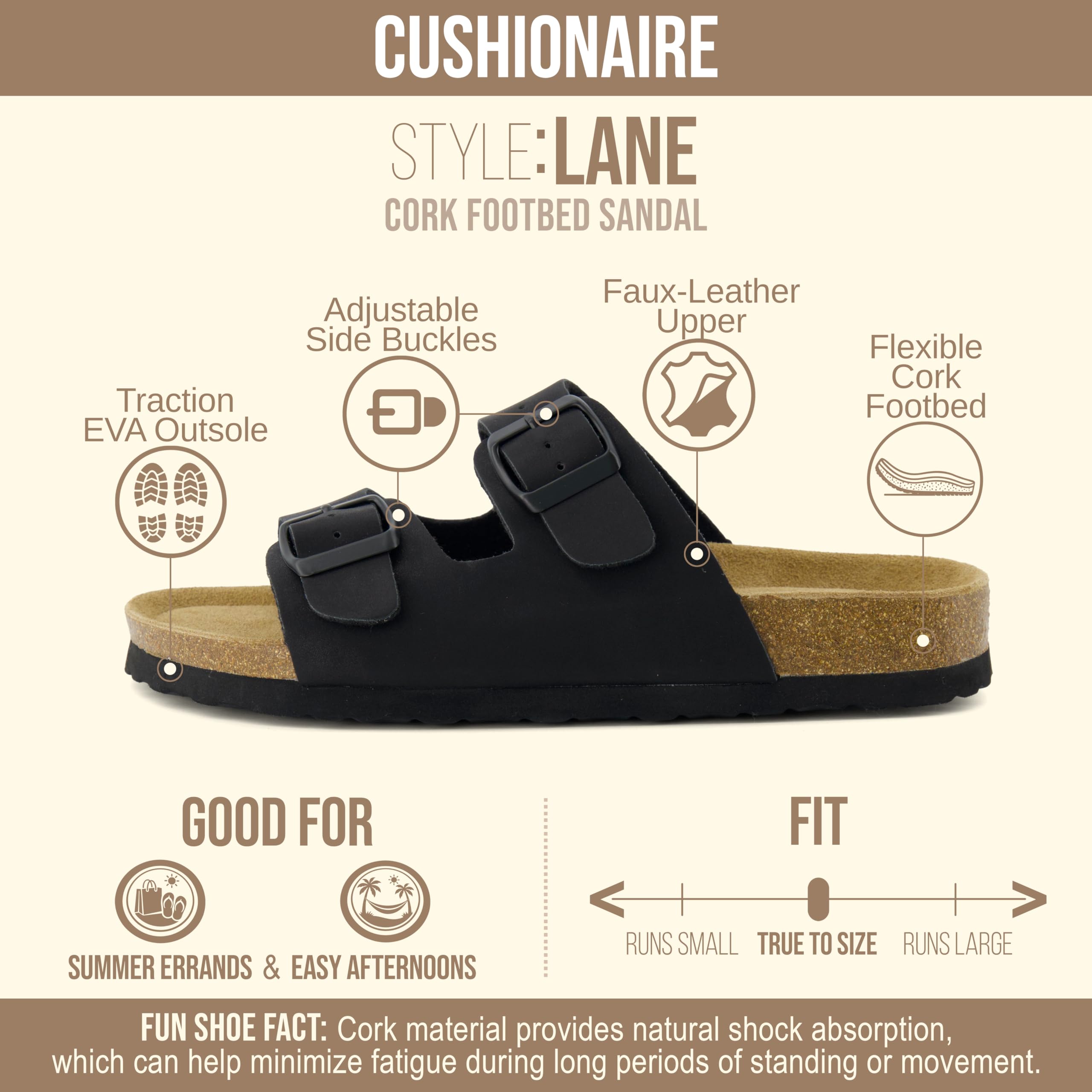 CUSHIONAIRE Lane Cork Footbed Womens Sandals Comfortable Double Buckle Slip On Sandals for Women with Arch Support and Classic Two Strap Design, BLACK 6.5