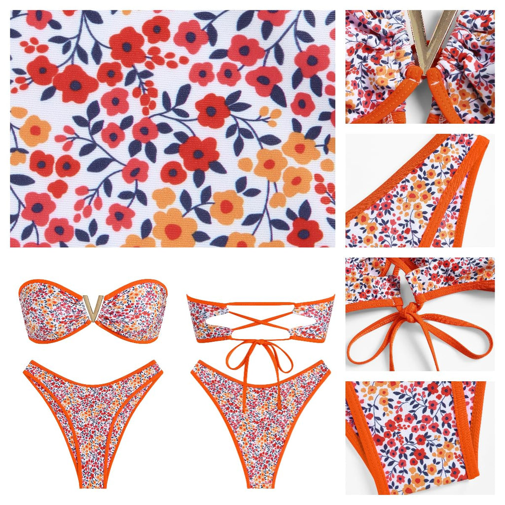 ZAFUL Women's Bandeau Bikini V Strapless Confetti Colorblock Tie Back High Cut Two Piece Swimsuit Bathing Suits (1-Floral Orange, M)