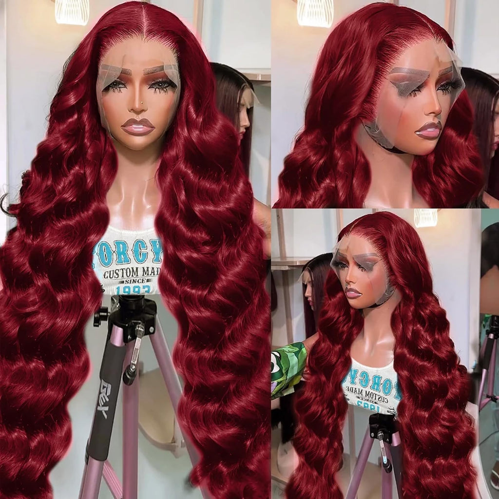 QZOQZO 28 Inch 99j Burgundy Lace Front Wigs Human Hair Red Burgundy Wig 180% Density 13x6 Body Wave Lace Front Wigs Pre Plucked Glueless Lace Front Wigs Human Hair for Women