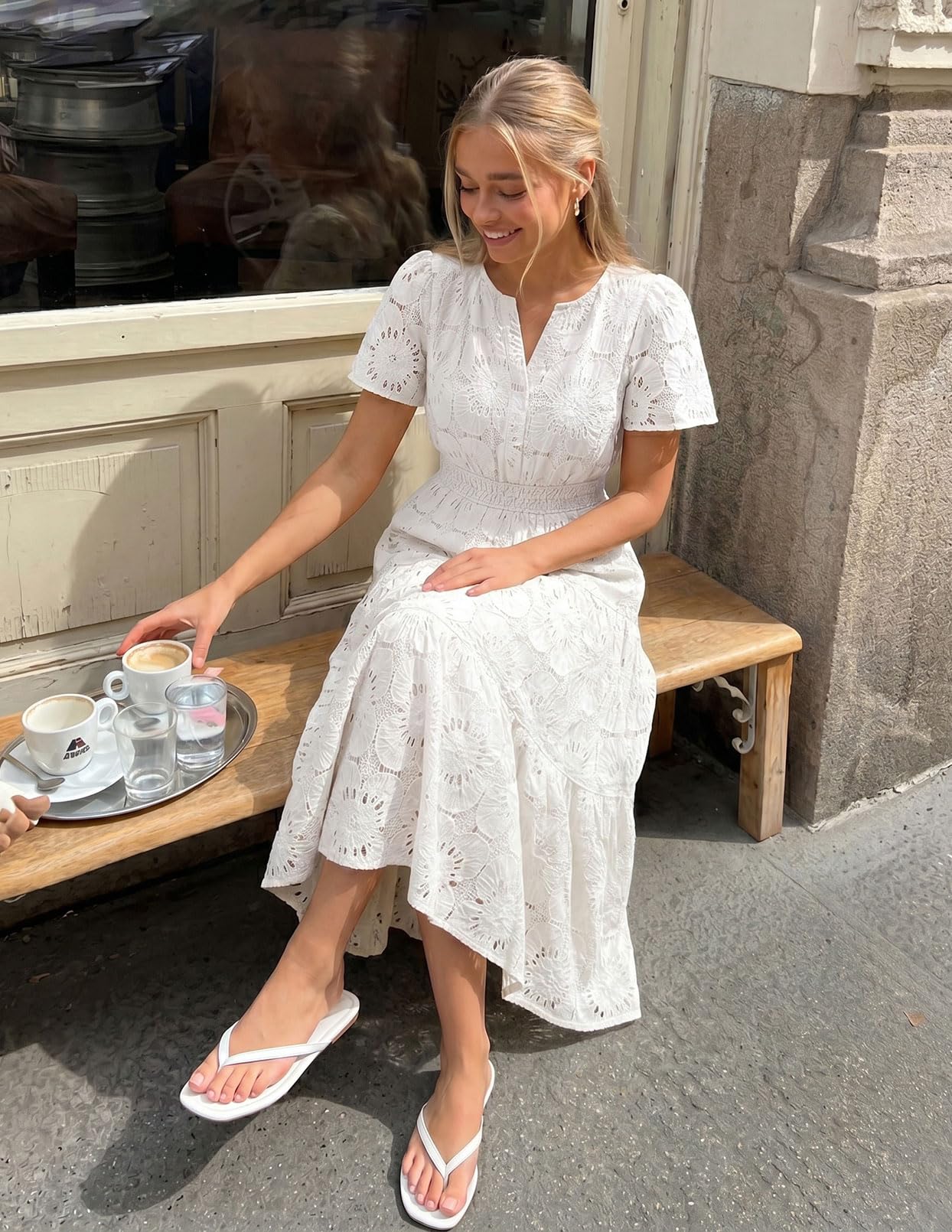 MEROKEETY Women's Summer Floral Maxi Dress 2026 Spring Boho Vacation Eyelet Lace Short Sleeve A Line Tiered Flowy Dresses, White, Medium