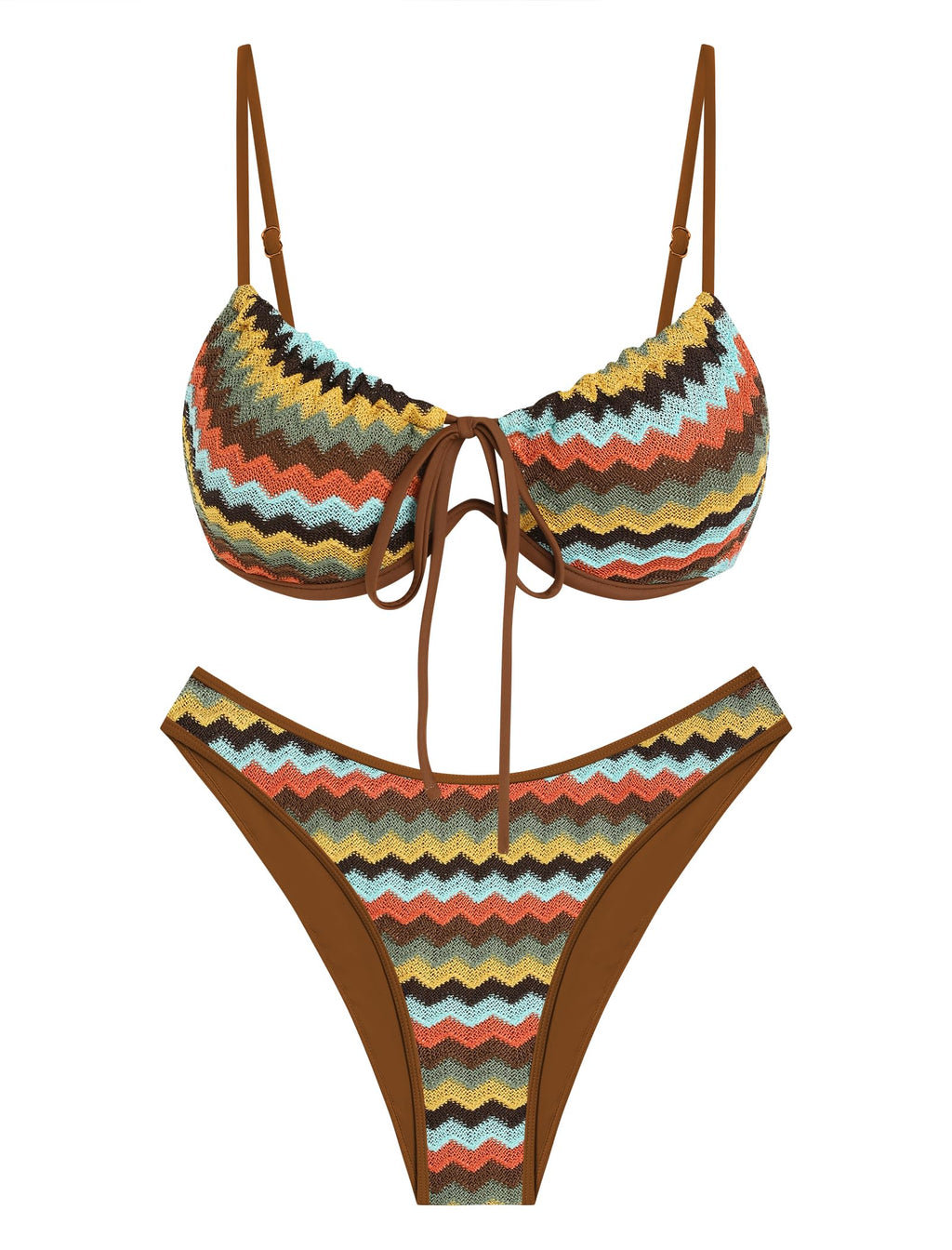 ZAFUL Women High Cut Bikini Sets String Sexy Swimsuit Two Piece Underwire Bathing Suit Brazilian Cheeky Cut Out Cute Swimwear Brown-New XL