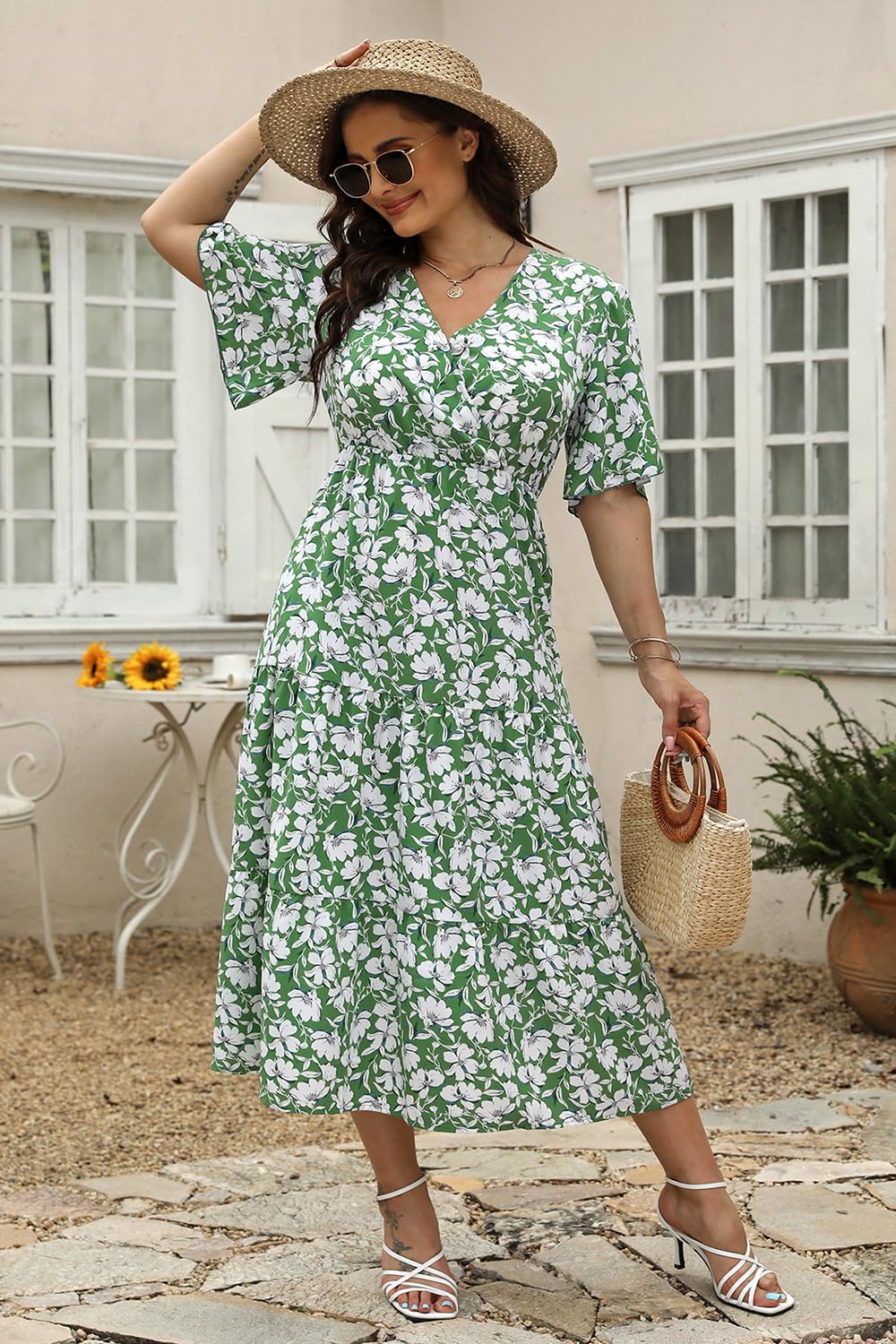 Keluummi Plus Size Maxi Dress for Women V-Neck Floral Empire Waist 3/4 Sleeve with Pockets(18 Plus, 02 - Green Floral)