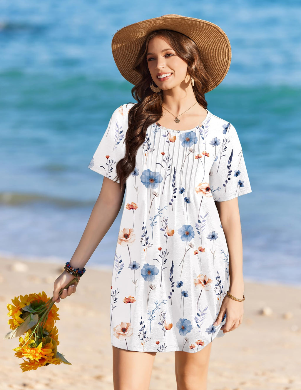 Ekouaer Swimsuit Coverup for Women 2026 Short Sleeve Bathing Suit Cover Ups Beach Summer T-Shirt Dresses with Pockets White Floral
