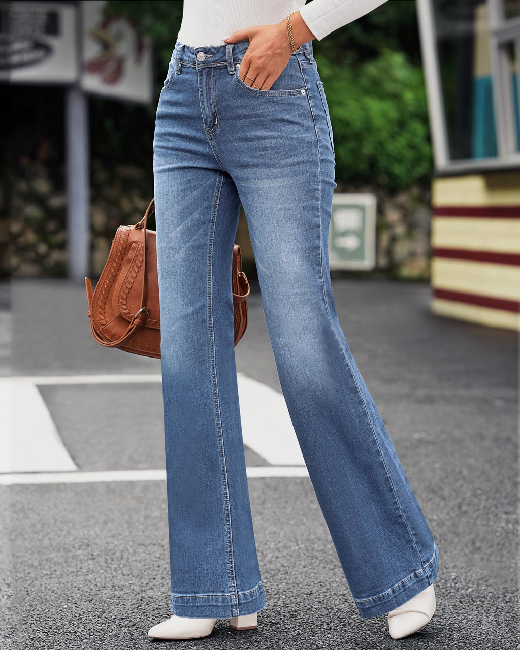 GRAPENT Western Bootcut Bell Bottom Jeans for Women's 90s Outfit High Waisted Stretchy Jeans in Bay Blue Size 4 6