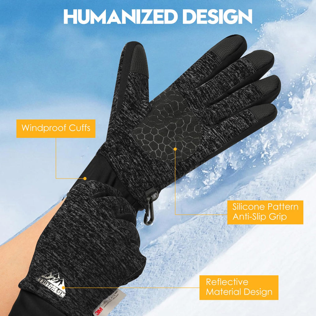 Bruvoalon Winter Gloves for Women & Men, 3M Thermal Insulation, Lycra Fabric, Touchscreen, Anti-Slip, Black/Gray, L