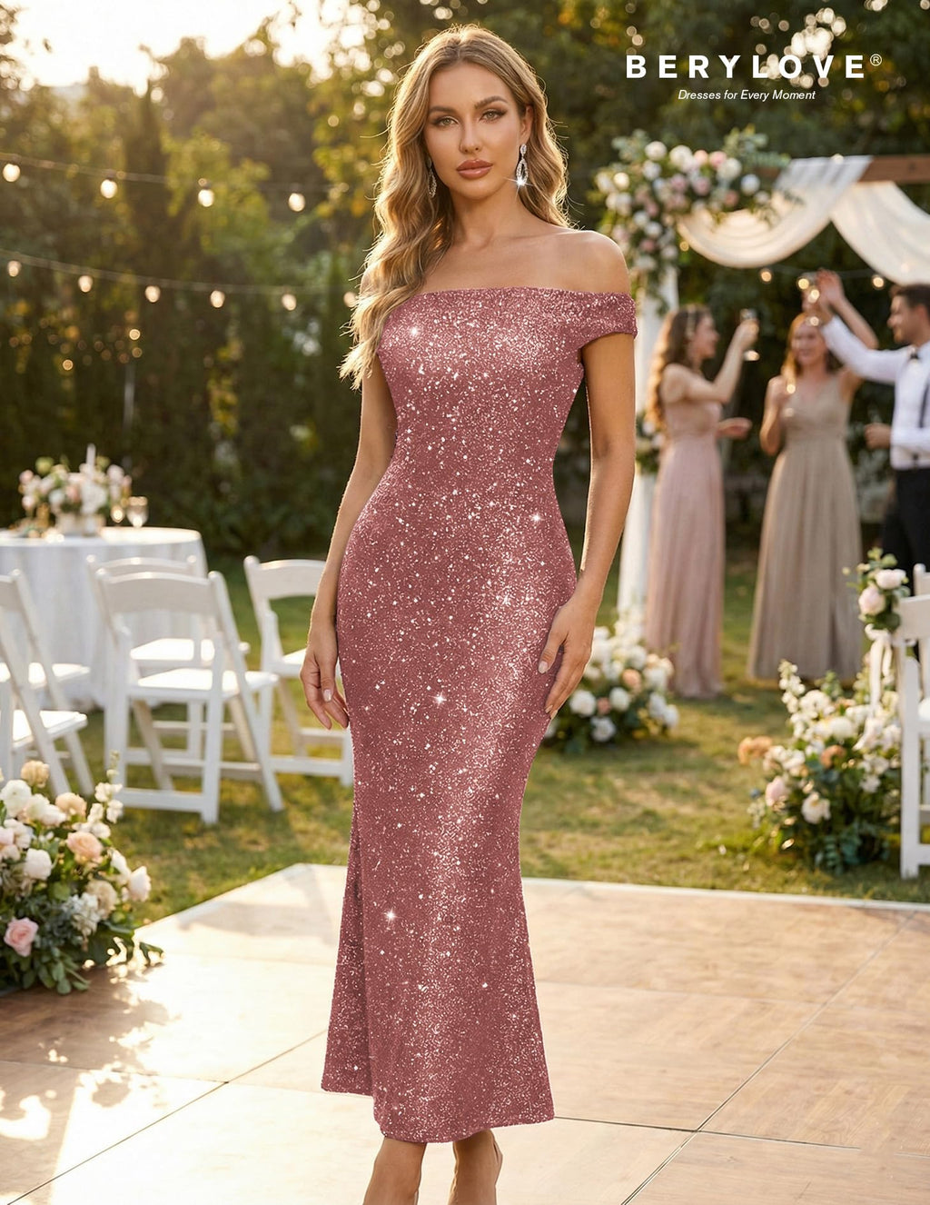 BeryLove Cocktail Formal Wedding Guest Sequin Gown Prom Midi Evening Party Bodycon Sparkle Dresses Ruched Christmas Sleeveless Long Dress 0035 Blush 2XL
