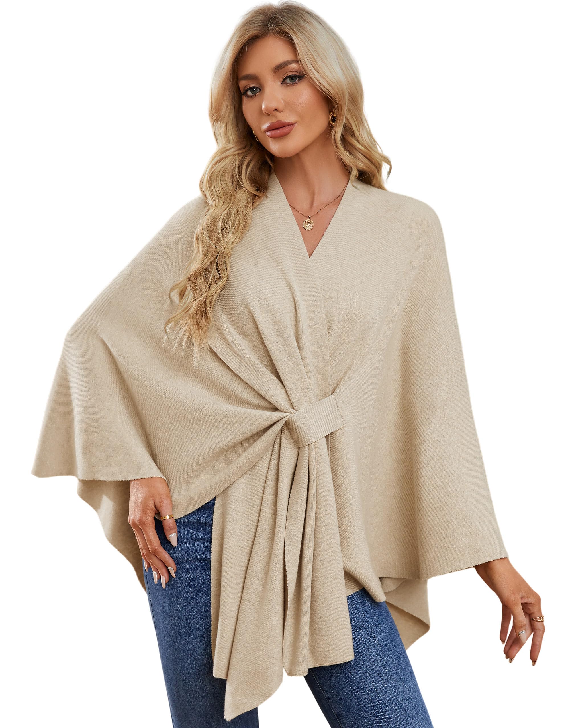 PULI Women's Elegant Shawl Wraps Soft Open Front Poncho Sweater for Spring Fall Winter Barley Twist