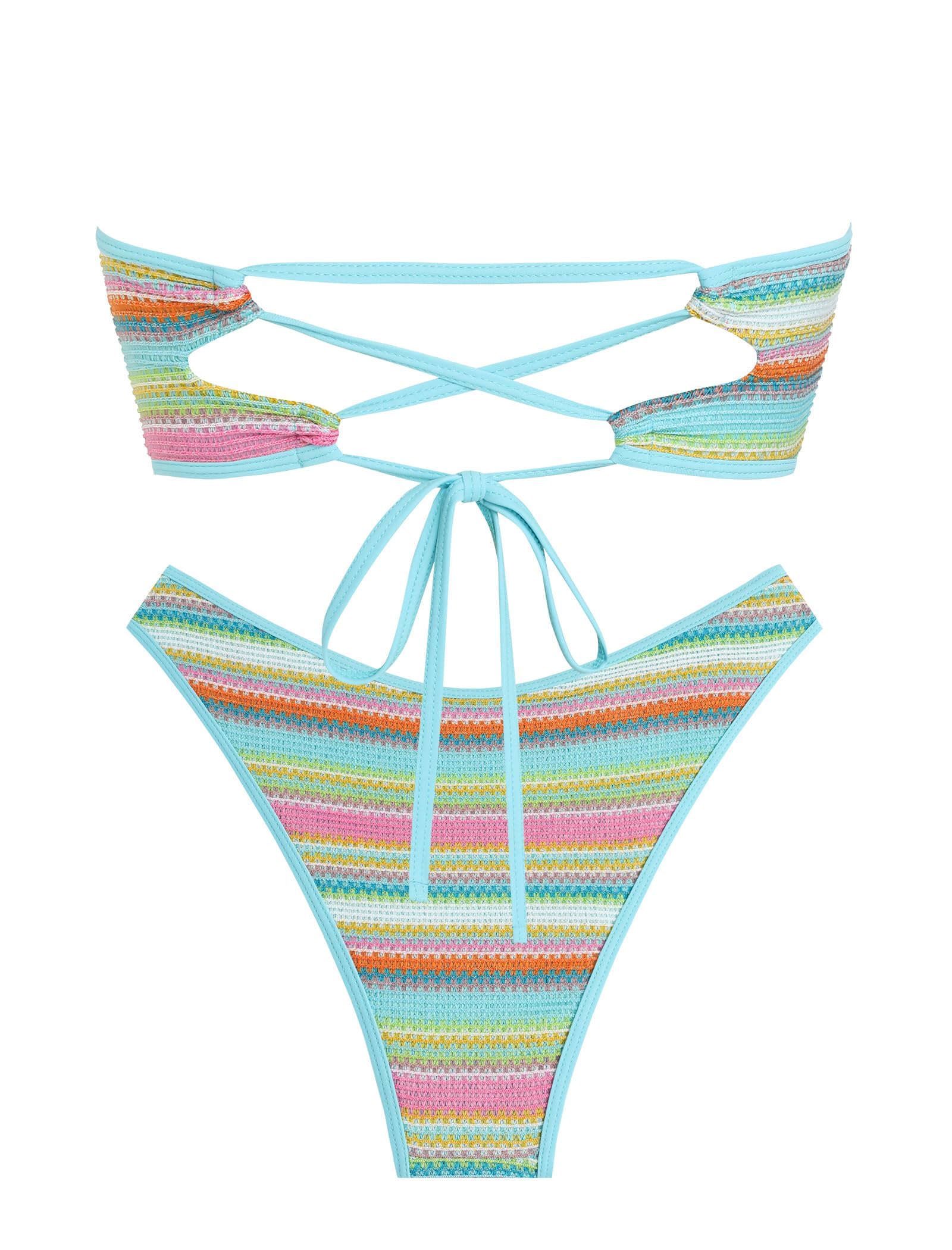 ZAFUL Women's Bandeau Bikini V Strapless Confetti Colorblock Tie Back High Cut Two Piece Swimsuit Bathing Suits (1-Light Blue, M)