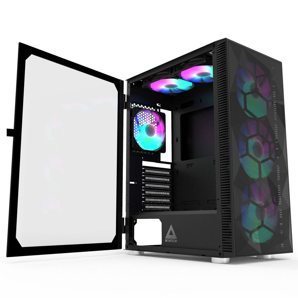 Montech X3 Mesh, 6 Fans - 3X 140mm & 3X 120mm Fixed RGB Lighting Fans, ATX Mid-Tower PC Gaming Case, USB3.0, Door Open Tempered Glass Side Panel, High Airflow, Black