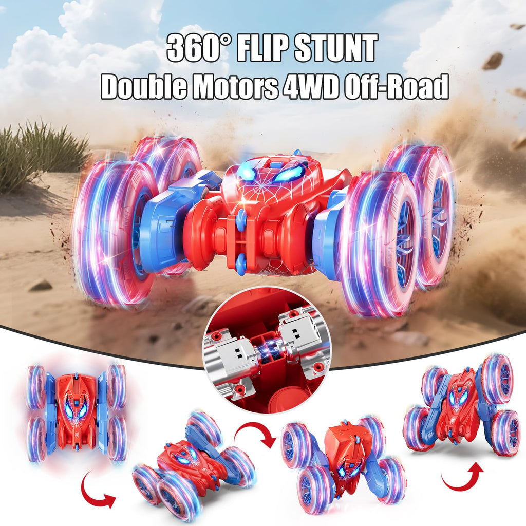 Spider Remote Control Car, 360° Stunt RC Cars for Kids Ages 6-12 Double-Sided Rotation, 4WD Cool Wheel Lights&2.4GHz Control; Rechargeable Electric Race Car Toys Gift for Boys Girls (Red&Blue)