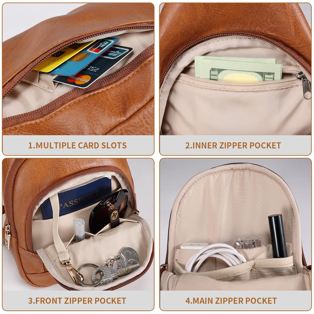 BIAVOI Crossbody Bags for Women Anti Theft Small Sling Handbag with Zipper Lock Vegan Leather RFID Blocking Chest Pure (brown)