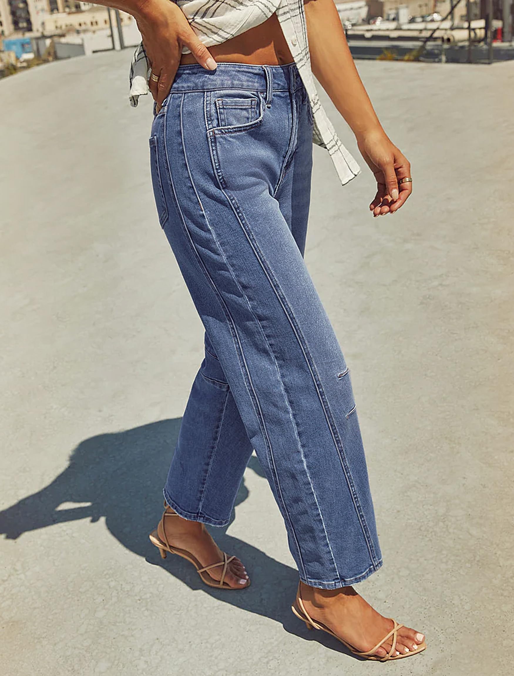IWD Baggy Barrel Jeans for Women Trendy Vintage High Waisted Wide Leg Boyfriend Y2K Denim Ankle Pants with Pockets Medium Blue Small