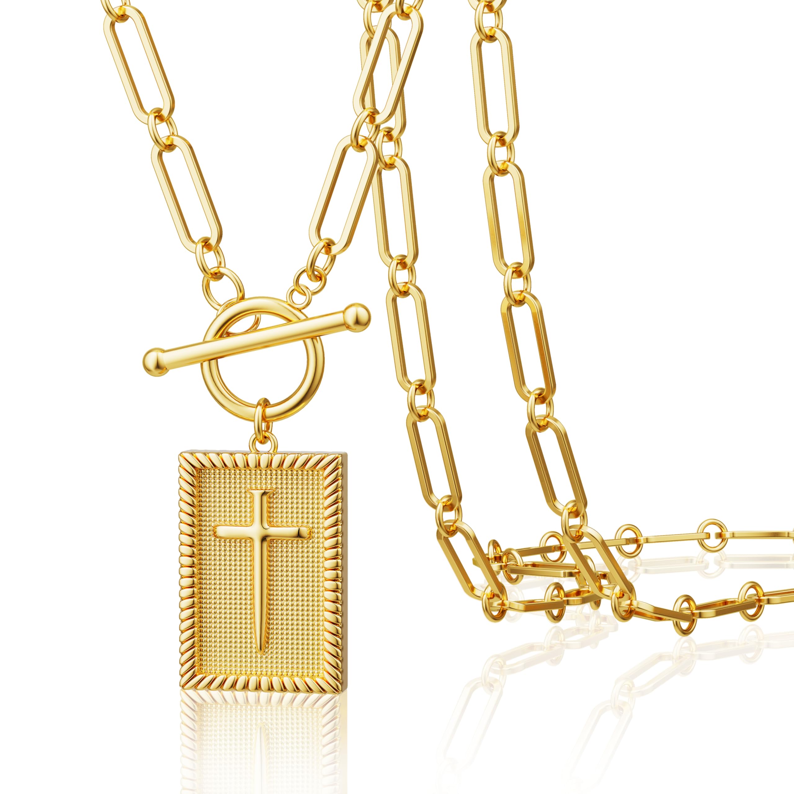 Tewiky 14K Gold Plated Cross Necklace for Women Trendy Chunky Cross Pendant Necklace Toggle Clasp Paperclip Chain Charm Necklaces for Women Jewelry Gift Christian Religious Baptism