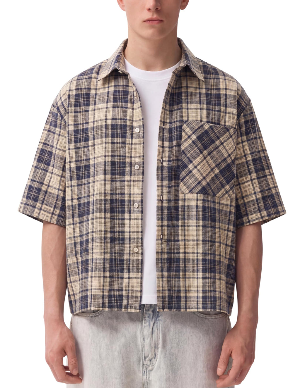 Mens Button Down Shirts - Short Sleeve Boxy Shirt, Plaid & Striped Tops Blue