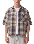 Mens Button Down Shirts - Short Sleeve Boxy Shirt, Plaid & Striped Tops Blue