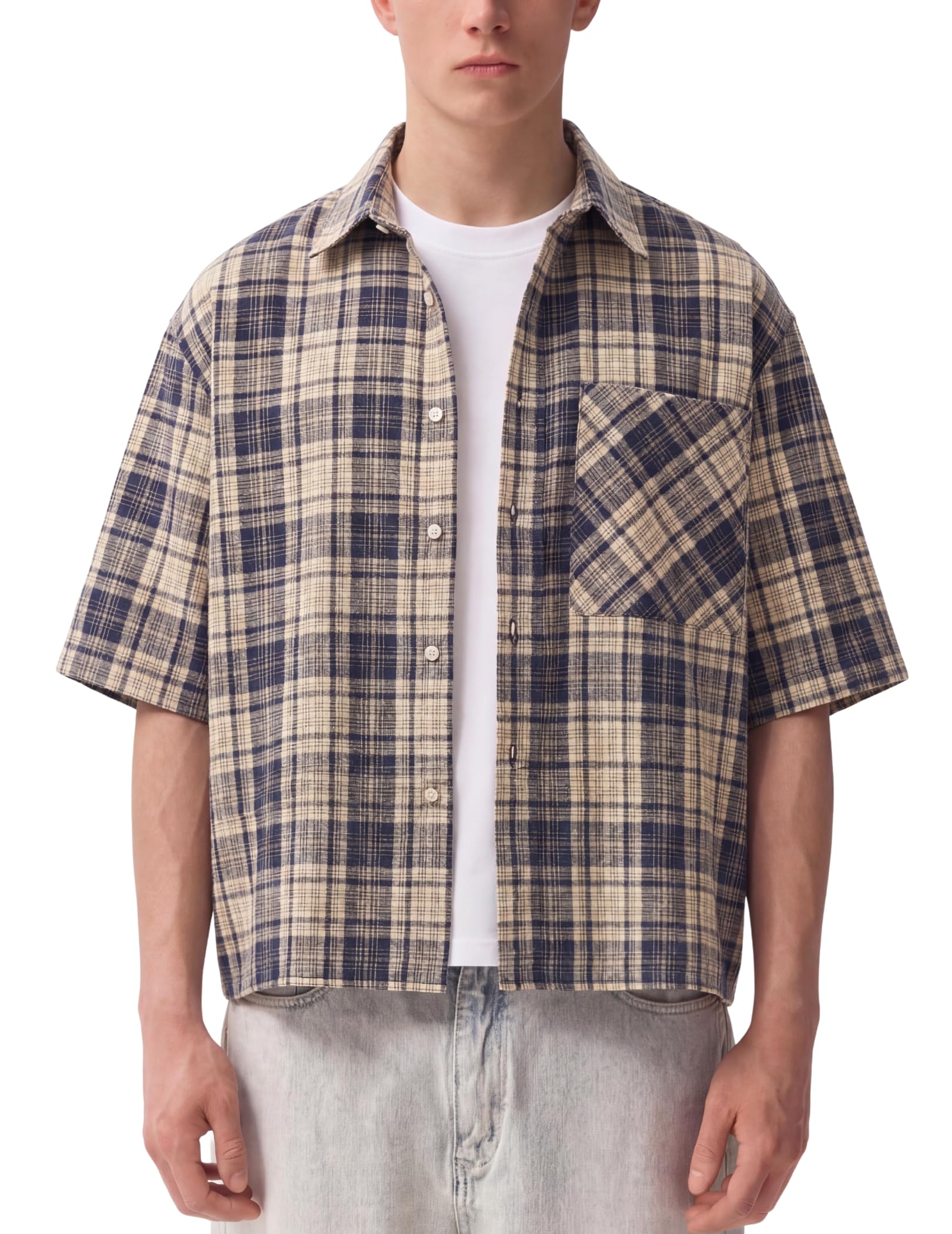 Mens Button Down Shirts - Short Sleeve Boxy Shirt, Plaid & Striped Tops Blue
