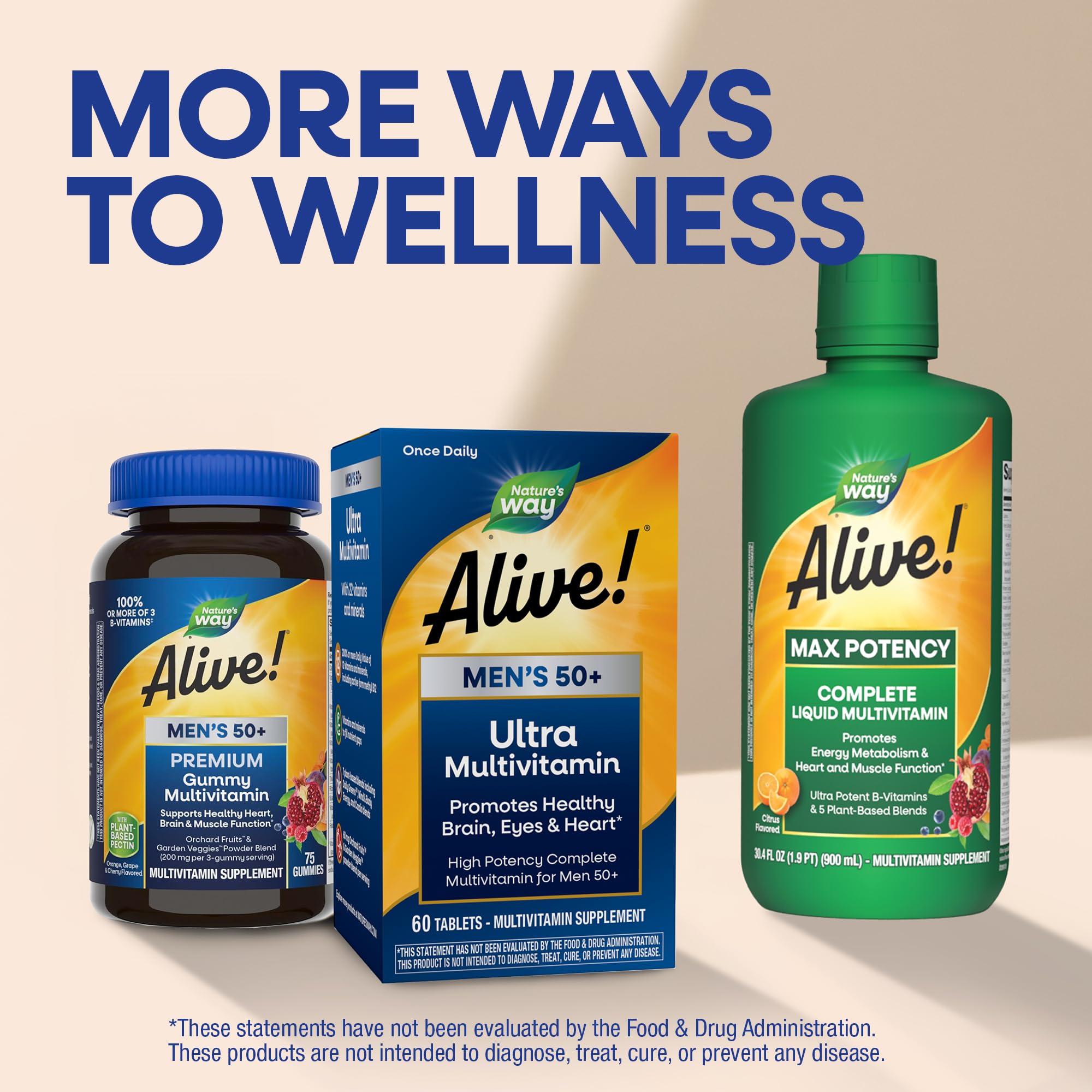 Nature's Way Alive! Men’s 50+ Daily Ultra Multivitamin, High Potency Formula, Supports Healthy Brain, Eyes & Heart*, with Methylated B12, Gluten-Free, 60 Tablets (Packaging May Vary)