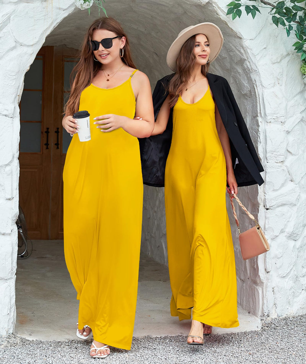 Wolddress Sleeveless Sundress Flowy Party Maxi Dress Adjustable Spaghetti Straps Dress for Daily Wear Work Coffee Shopping, Fall Outings Maternity Gender Reveal Soft Lightweight Yellow Large