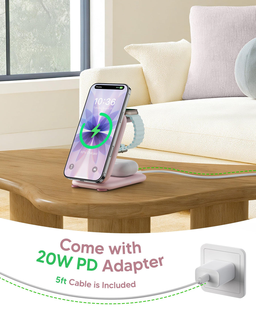 PaktVault 2026 Traveling Fast Wireless Charging Station for Apple Devices, Magnetic 3 in 1 MagSafe Charger Stand for iPhone 17 16 15 14 13 12 Pro Max Plus Air, Apple Watch&Air pods Pro, Pink