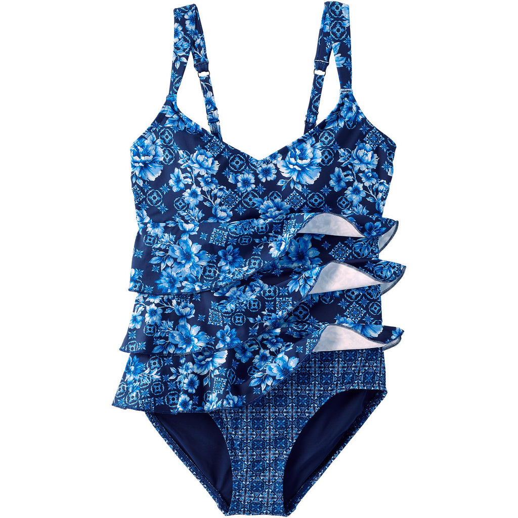Lands' End Women's Ruffle Fauxkini One Piece Swimsuit 2 Navy Mosaic Floral/Tile Mix