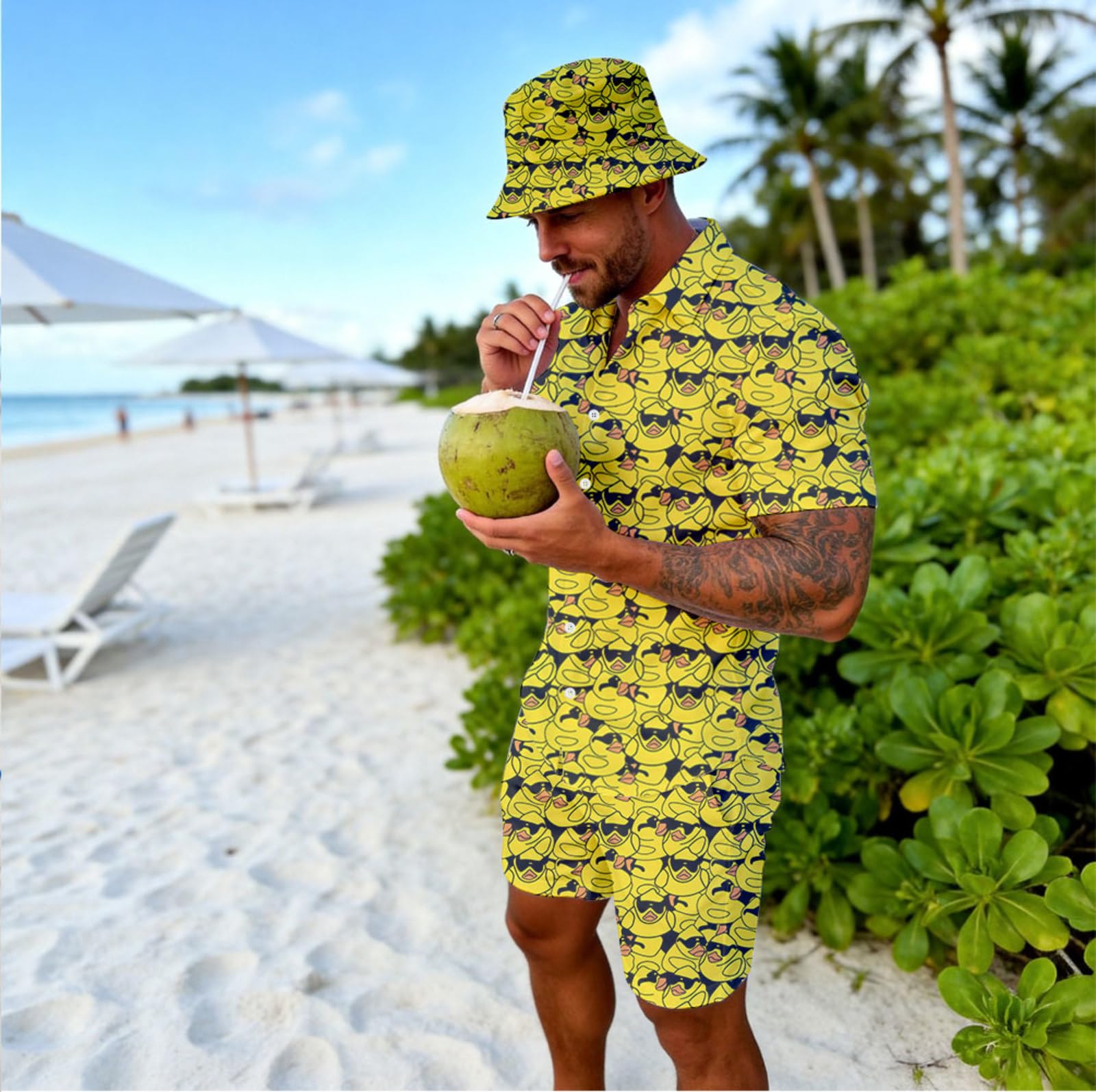 Wdpsuxin Mens Sunglasses Rubber Duck 2 Piece Short Set Hawaiian Button Down Shirt And Compression Liner 2 In 1 Shorts Sets With Bucket Hats Large