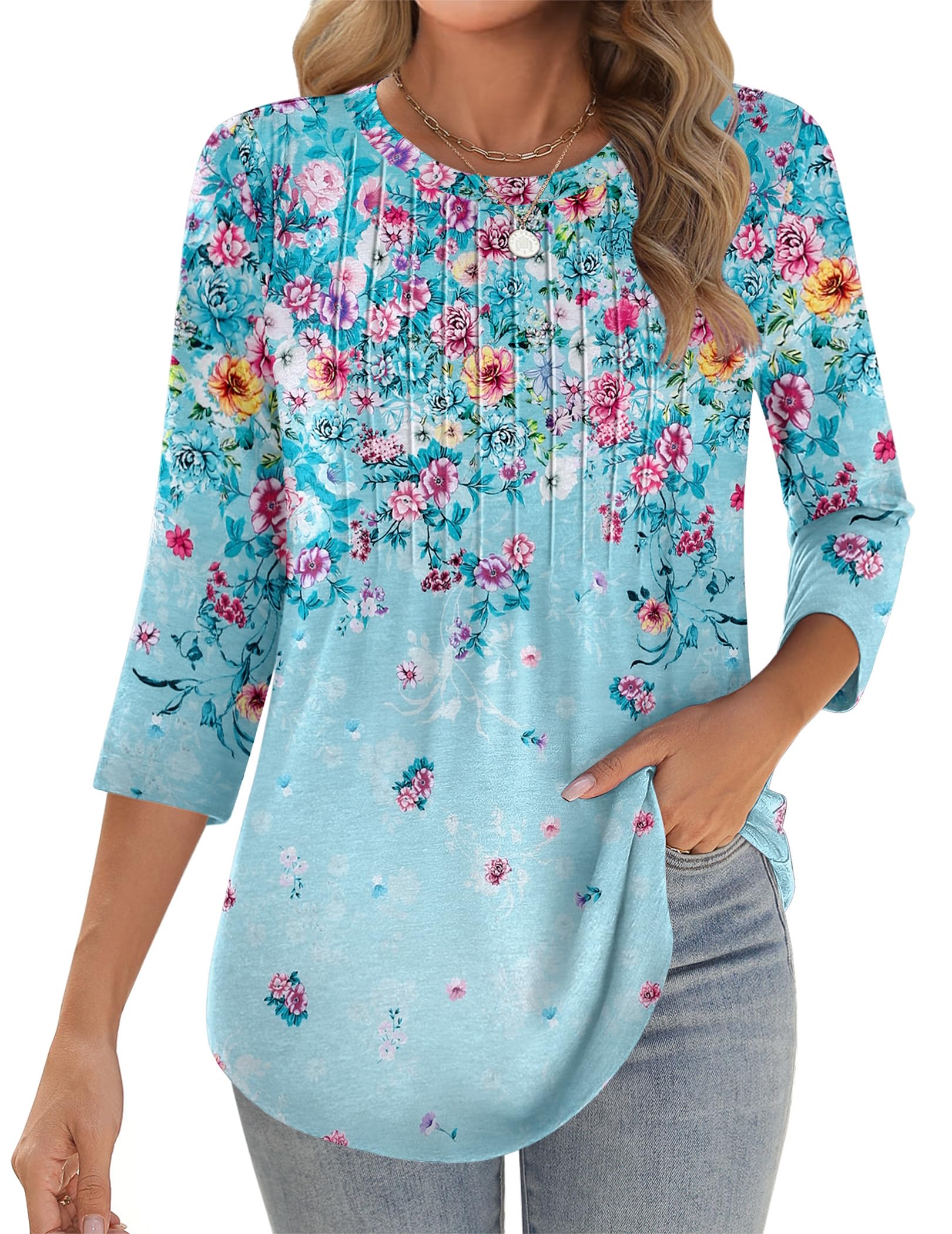 Zeagoo Tunics Or Tops to Wear with Leggings Plus Size 3/4 Sleeve Crewneck Shirts Floral Print Pleated Spring Summer Blouses