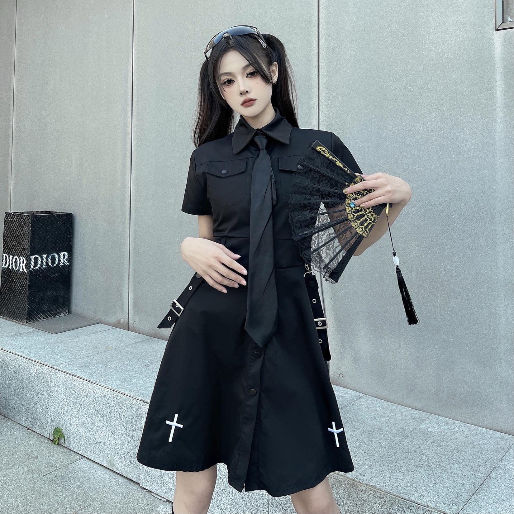 Gothic Black Summer Academy Tie Cross Black Retro Dress Harajuku Dress Emo Clothes (L,Large)