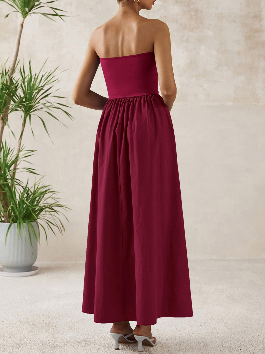 PRETTYGARDEN Women 2026 Summer Elegant Strapless Maxi Dress Tube Top Dress A Line Flowy Long Wedding Party Cocktail Dresses(Wine Red,X-Small)