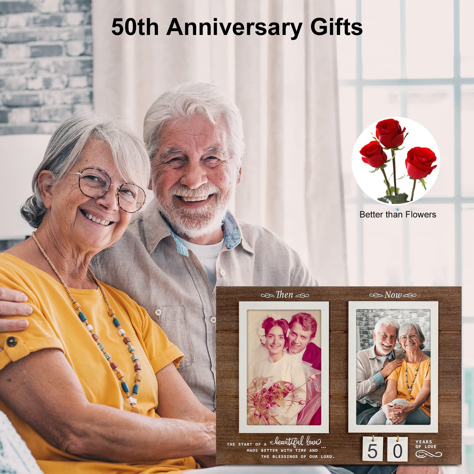 Then & Now Anniversary Picture Frame, 1-99 Years Wedding Gift Ideas - Anniversary Wood Photo Frame, Engagement Bridal Shower Gifts with Sentimental Quote - Holds 2 4x6 Inches Photos (Then & Now)