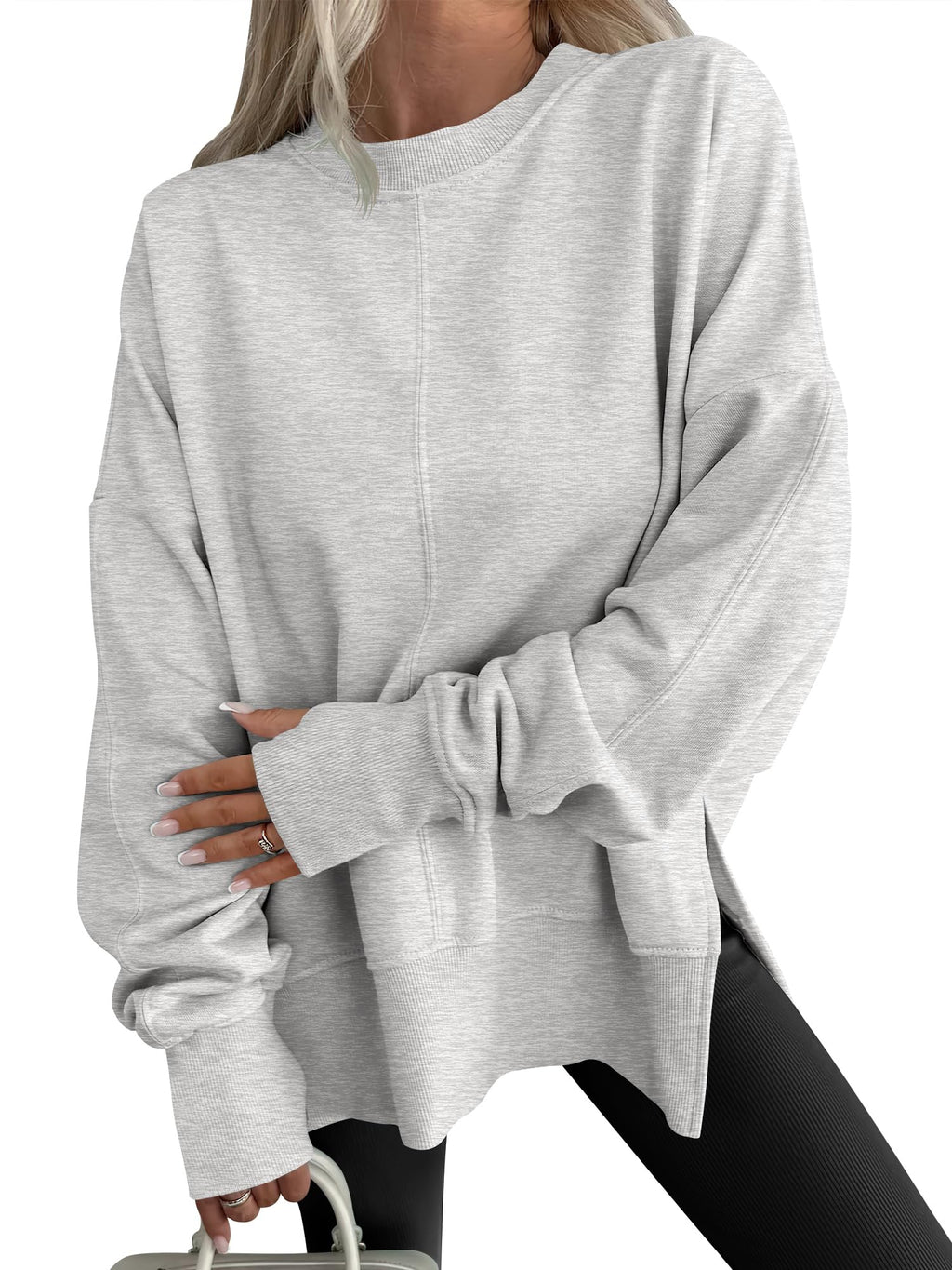 ANRABESS Women Oversized Sweatshirts Thumbhole Long Sleeve Hoodies Shirts 2025 Fall Side Slit Pullover Top Teen Y2k Outfits Grey X-Large