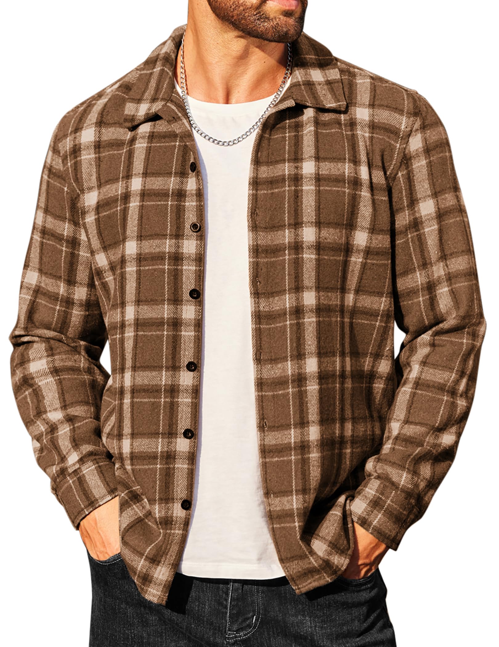 COOFANDY Men's Brown Flannel Plaid Jacket Regular Fit Long Sleeve Button Down Shirts Vintage Western Shacket